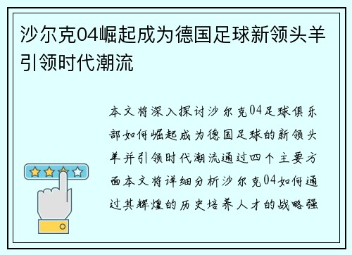 沙尔克04崛起成为德国足球新领头羊引领时代潮流