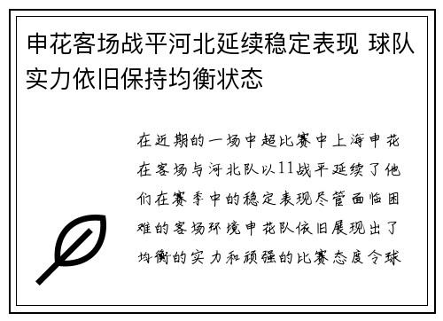 申花客场战平河北延续稳定表现 球队实力依旧保持均衡状态