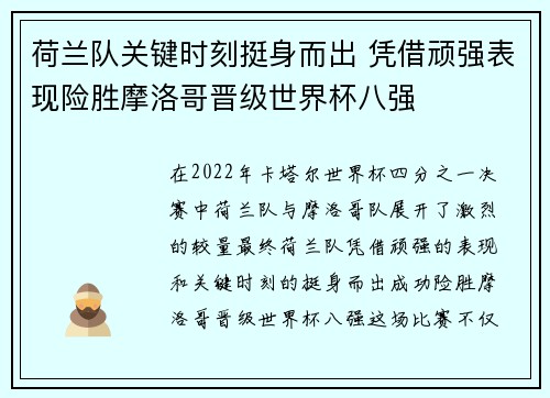 荷兰队关键时刻挺身而出 凭借顽强表现险胜摩洛哥晋级世界杯八强