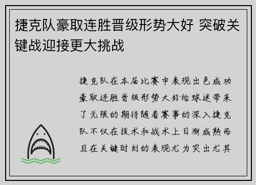 捷克队豪取连胜晋级形势大好 突破关键战迎接更大挑战